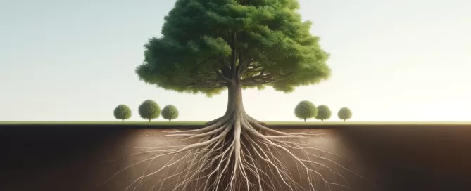 A massive healthy tree in a landscape of significantly smaller trees symbolizing having strong core principles will grow a collective team