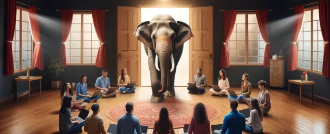 A room with open doors where an Elephant just walked into the room. A diverse development team is in a circle around the elephant.