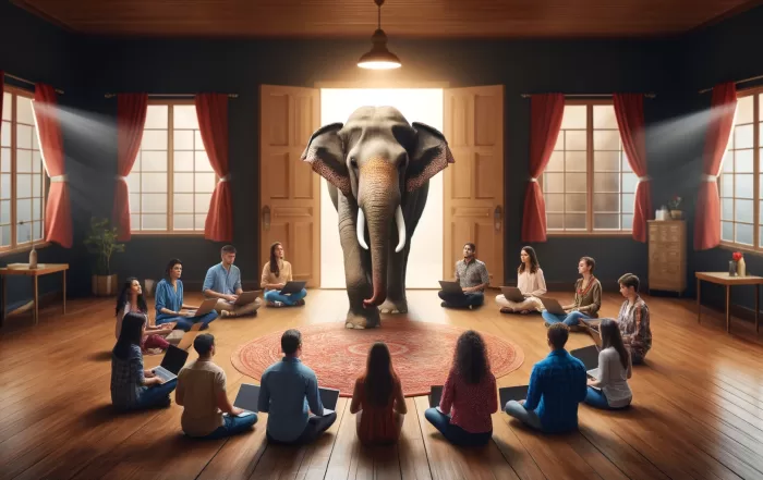 A room with open doors where an Elephant just walked into the room. A diverse development team is in a circle around the elephant.